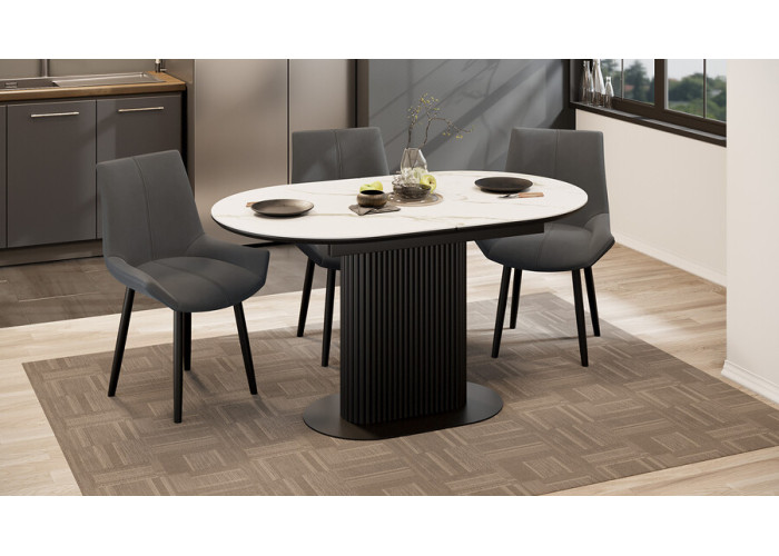 Стол обеденный раздвижной «Эридан» Тип 2 Черный муар, Керамика матовая белый мрамор