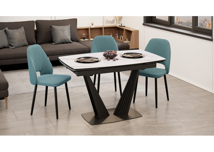 Стол раздвижной «Трэвис» Тип 1 Черный муар, Керамика матовая белый мрамор