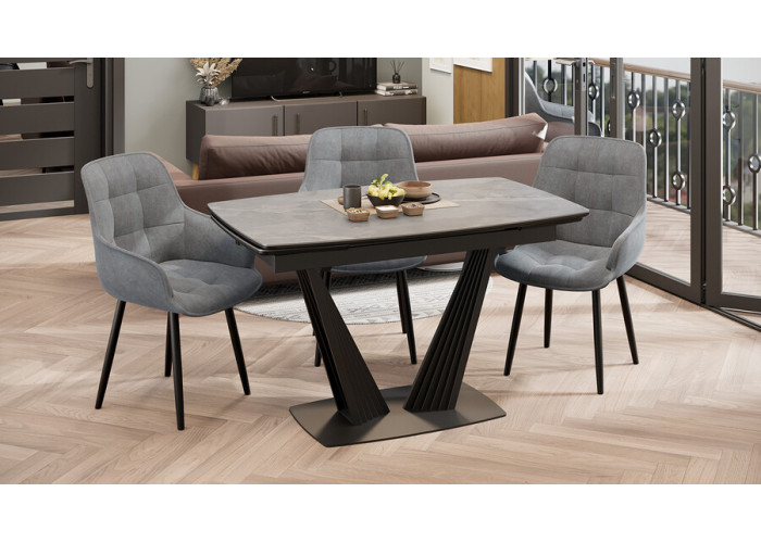 Стол раздвижной «Трэвис» Тип 1 Черный муар, Керамика матовая серый мрамор