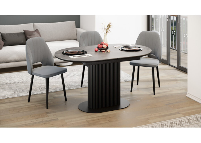 Стол обеденный раздвижной «Эридан» Тип 2 Черный муар, Керамика матовая серый мрамор